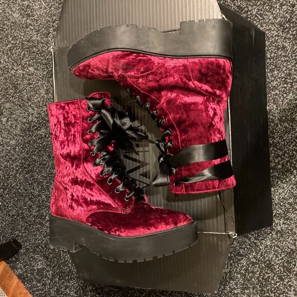 Dolls Kill Widow Burgundy Velvet Boots - Picture 1 of 6